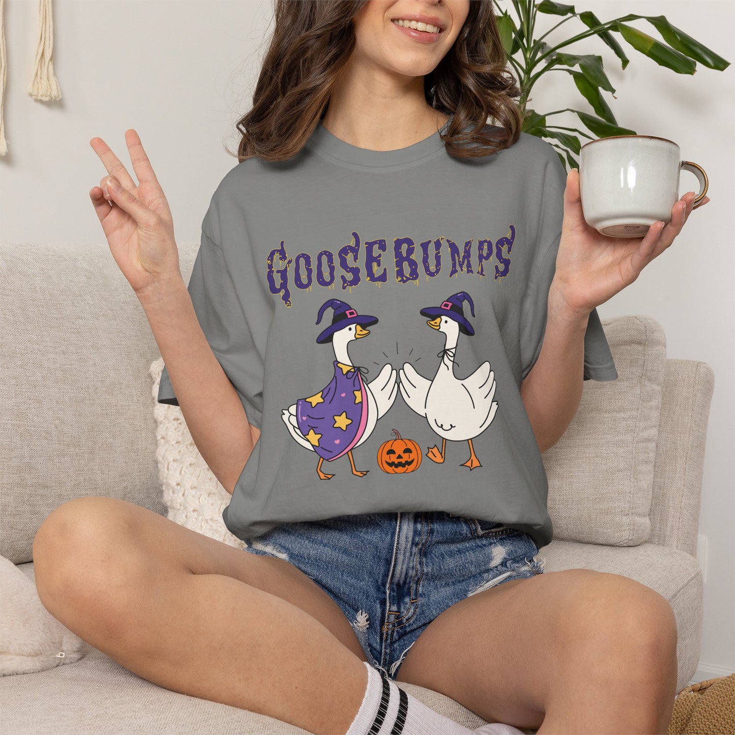 Goosebumps Geese Halloween Tee | Goose Duo Witch Hats Pumpkin Comfort Colors