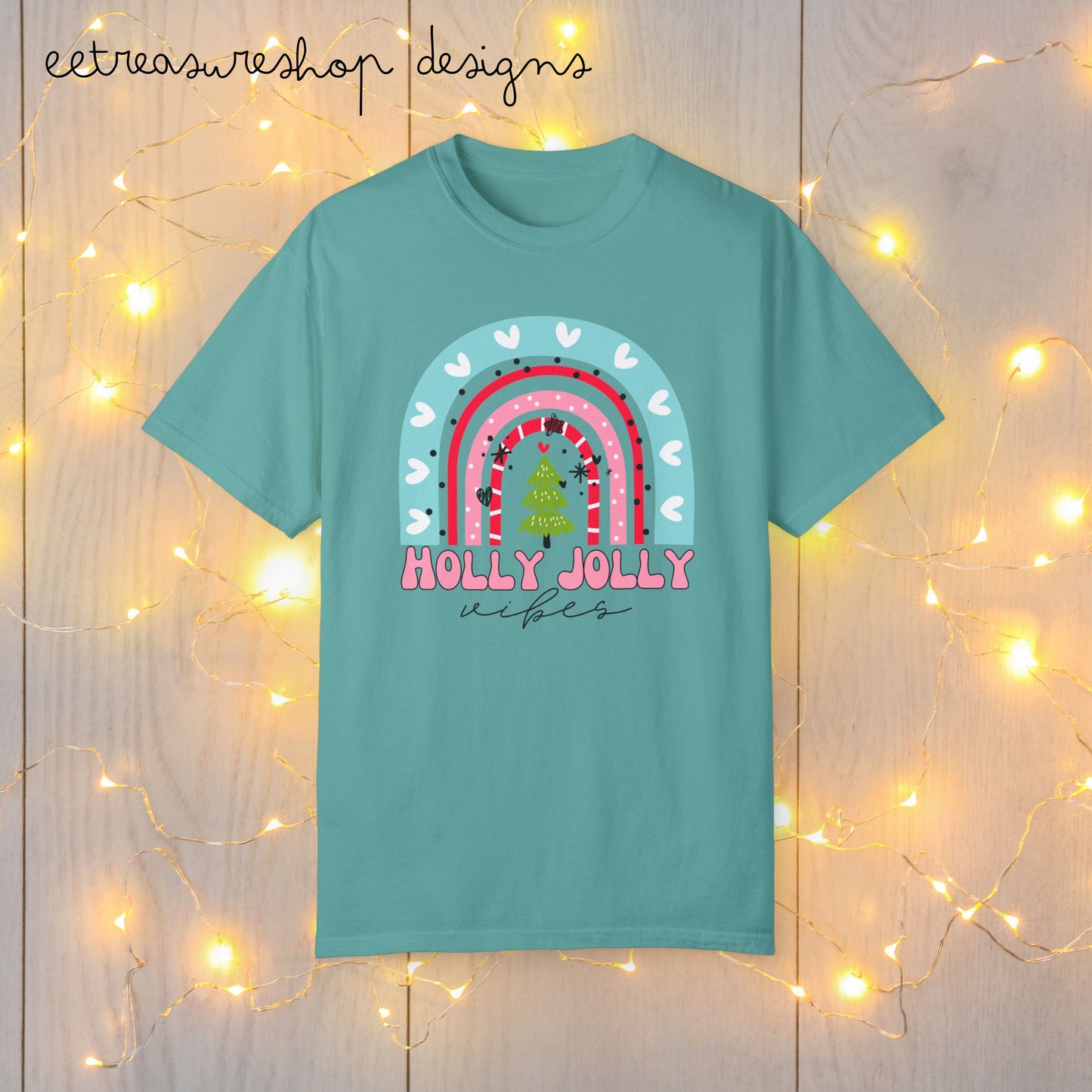 Holly Jolly Vibes T-shirt, Rainbow Christmas Shirt, Cute Holiday Tee, Festive Xmas Top, Comfort Colors Garment-Dyed Shirt