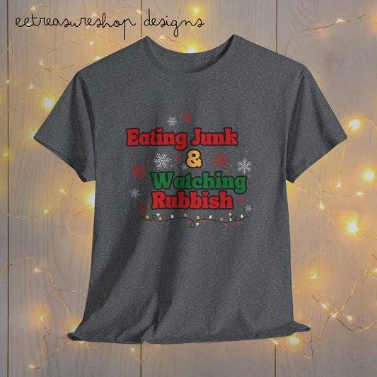 Christmas Movie Junkie Unisex Tee, Xmas Watching Rubbish Funny T-Shirt, Holiday Eating Junk Xmas Top, Christmas Film Lover Shirt, Festive