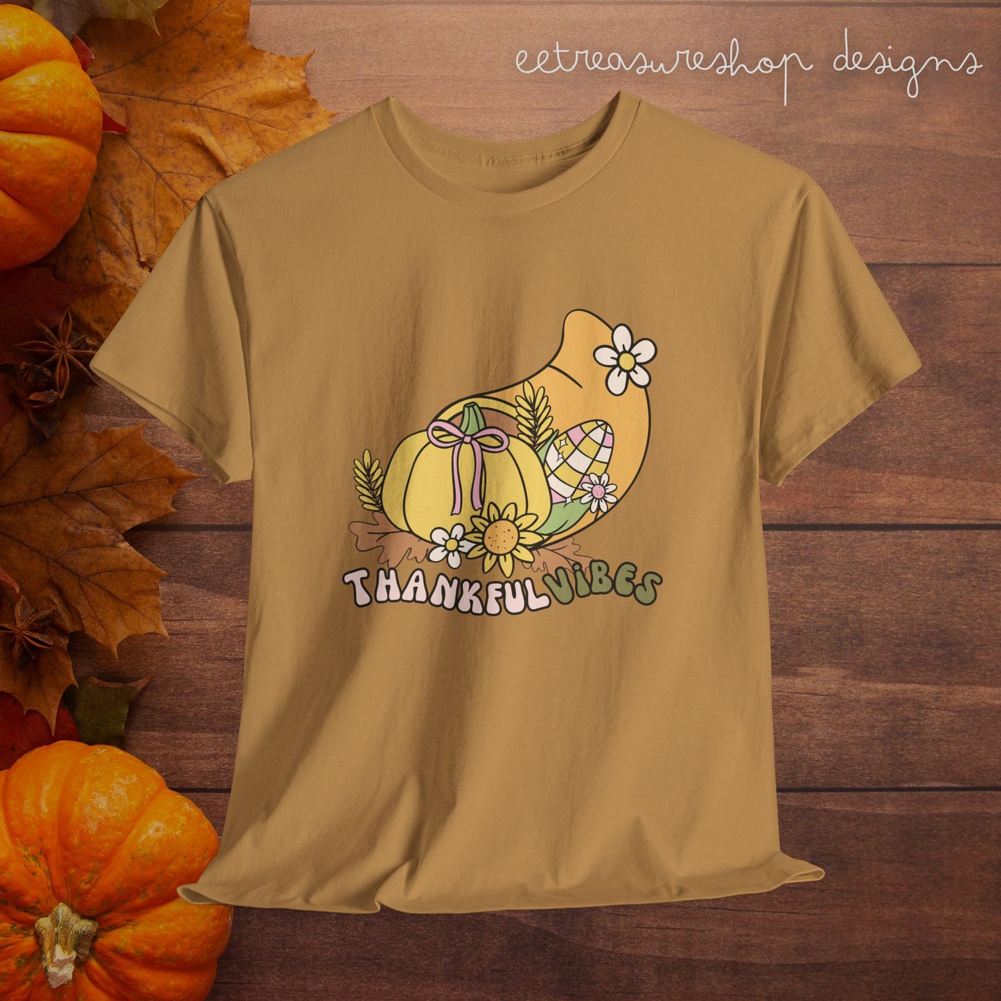 Thankful Vibes Unisex Heavy Cotton Tee, Pumpkin Bow Autumn Tshirt, Cute Thanksgiving Shirt, Fall Graphic Top, Grateful Tee, Harvest Festival