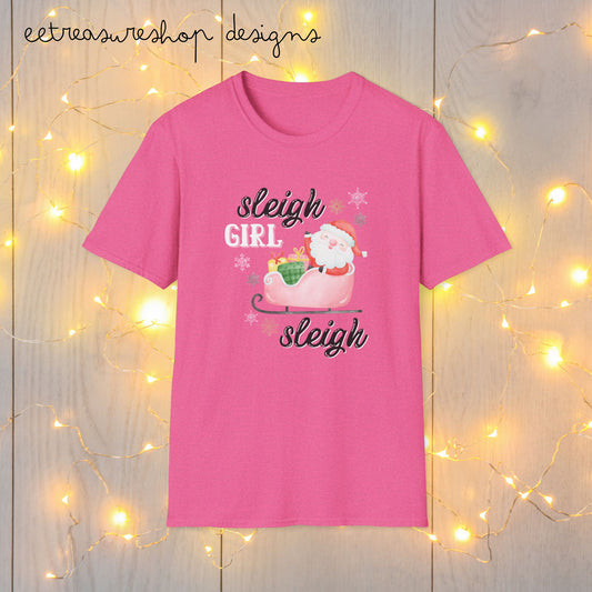 Christmas Sleigh Girl Softstyle T-Shirt, Holiday Santa Sleigh Tee, Festive Reindeer Shirt, Winter Snow Xmas Top, Gift for Her, Women's