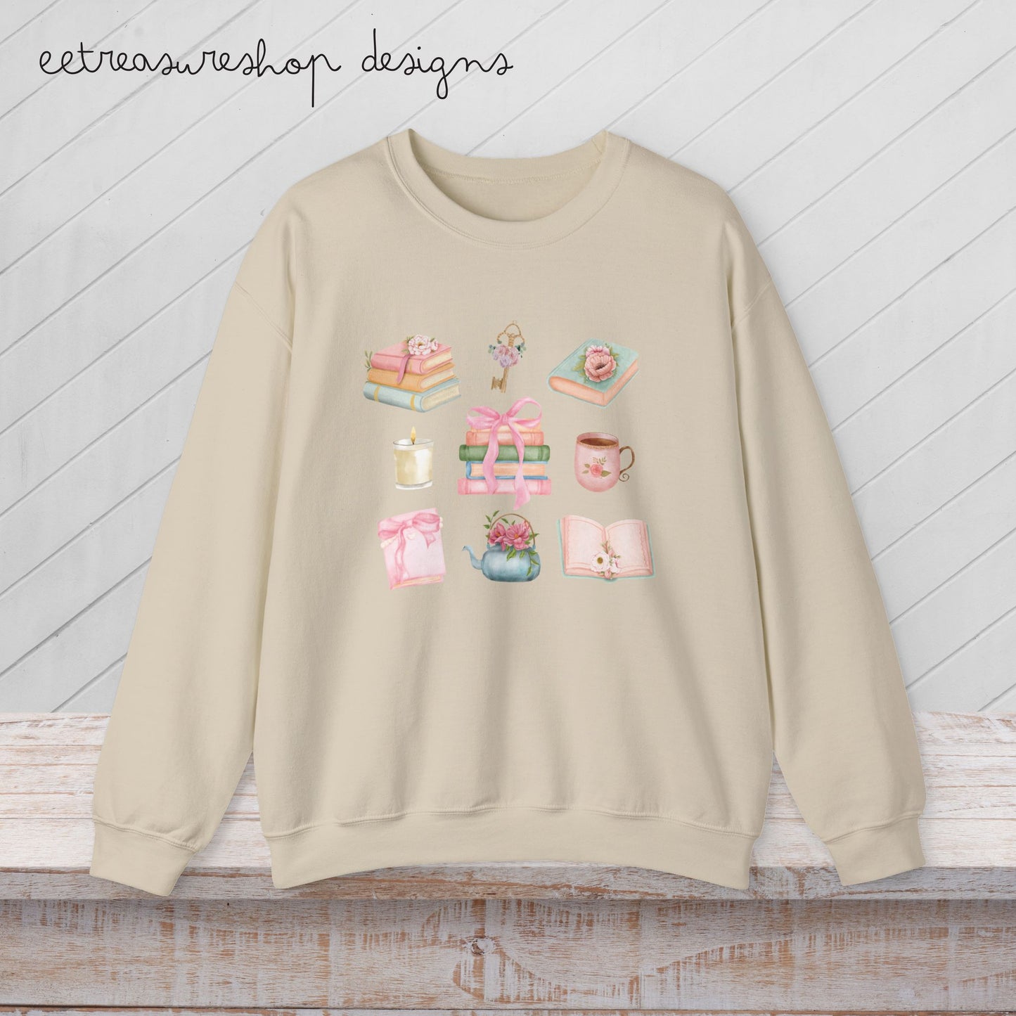 Cozy Pastel Books Floral Bow Icons Sweatshirt | Booklover Crewneck