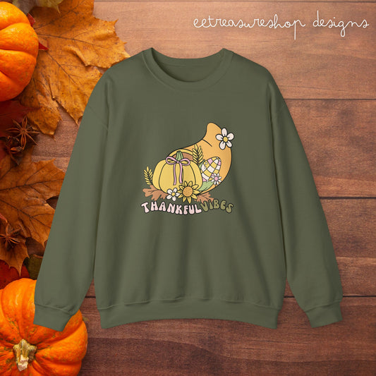 Thankful Vibes Thanksgiving Sweatshirt, Cute Crewneck Jumper, Fun Unisex Pullover, Gratitude Gift, Cozy Fall Apparel