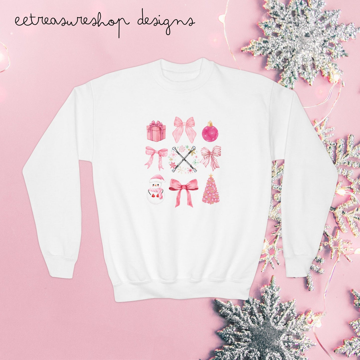 Baton Twirler Christmas Sweatshirt, Pink Bows Design, Holiday Gift for Youth - Girls, Crewneck Jumper, Holiday Clothing, Festive Top