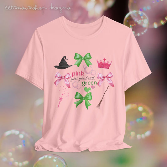 Witch Princess Tee, Pink Green Bows, Musical Fan Gift, Unisex Jersey Shirt, Witch Hat Shirt, Bubble Tee