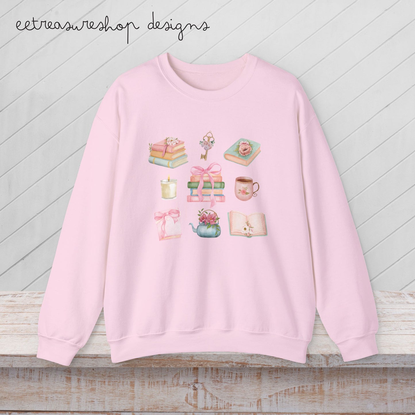 Cozy Pastel Books Floral Bow Icons Sweatshirt | Booklover Crewneck