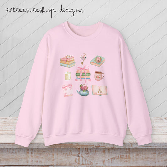 Cozy Pastel Books Floral Bow Icons Sweatshirt | Booklover Crewneck