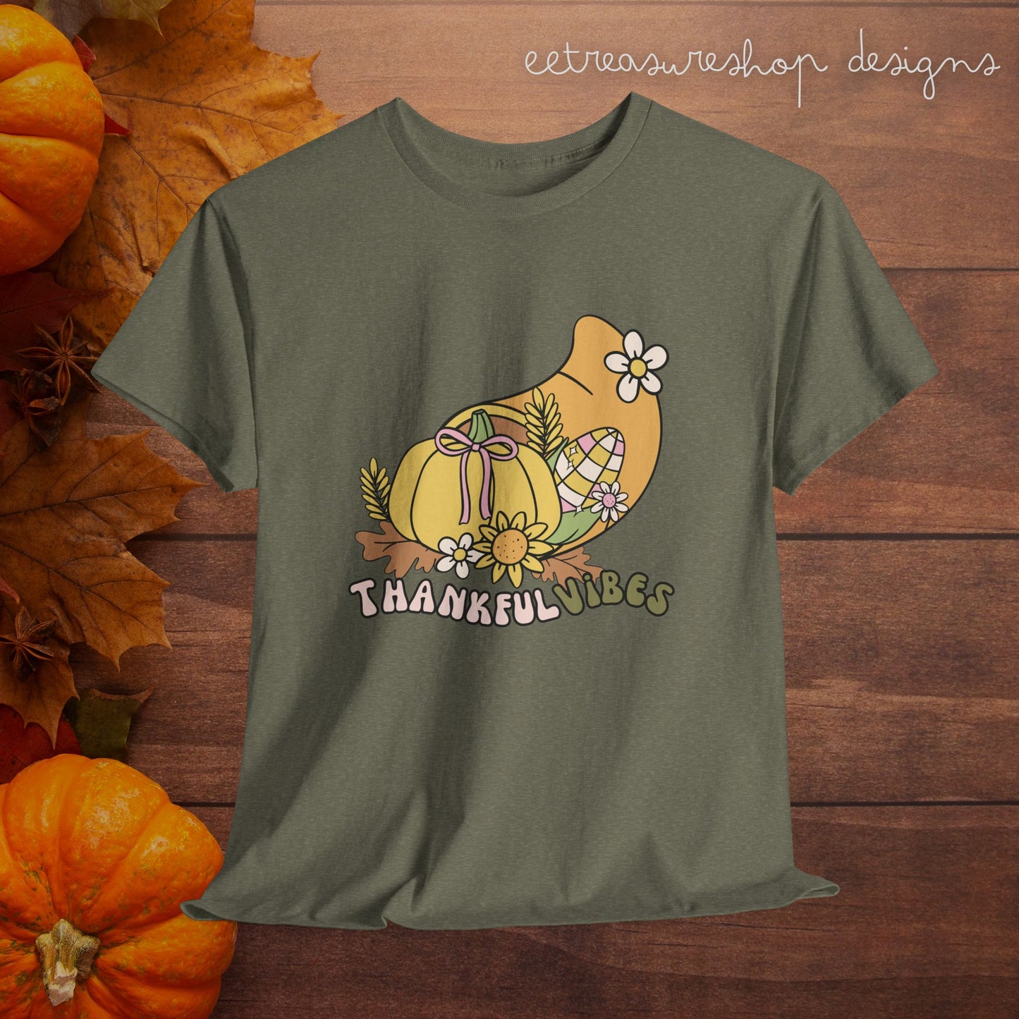 Thankful Vibes Unisex Heavy Cotton Tee, Pumpkin Bow Autumn Tshirt, Cute Thanksgiving Shirt, Fall Graphic Top, Grateful Tee, Harvest Festival