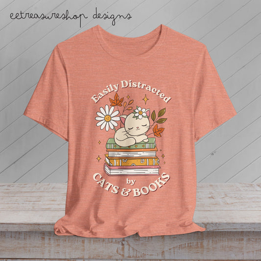 Easily Distracted by Cats & Books Fall T-Shirt | Cute Cat Book Lover Tee