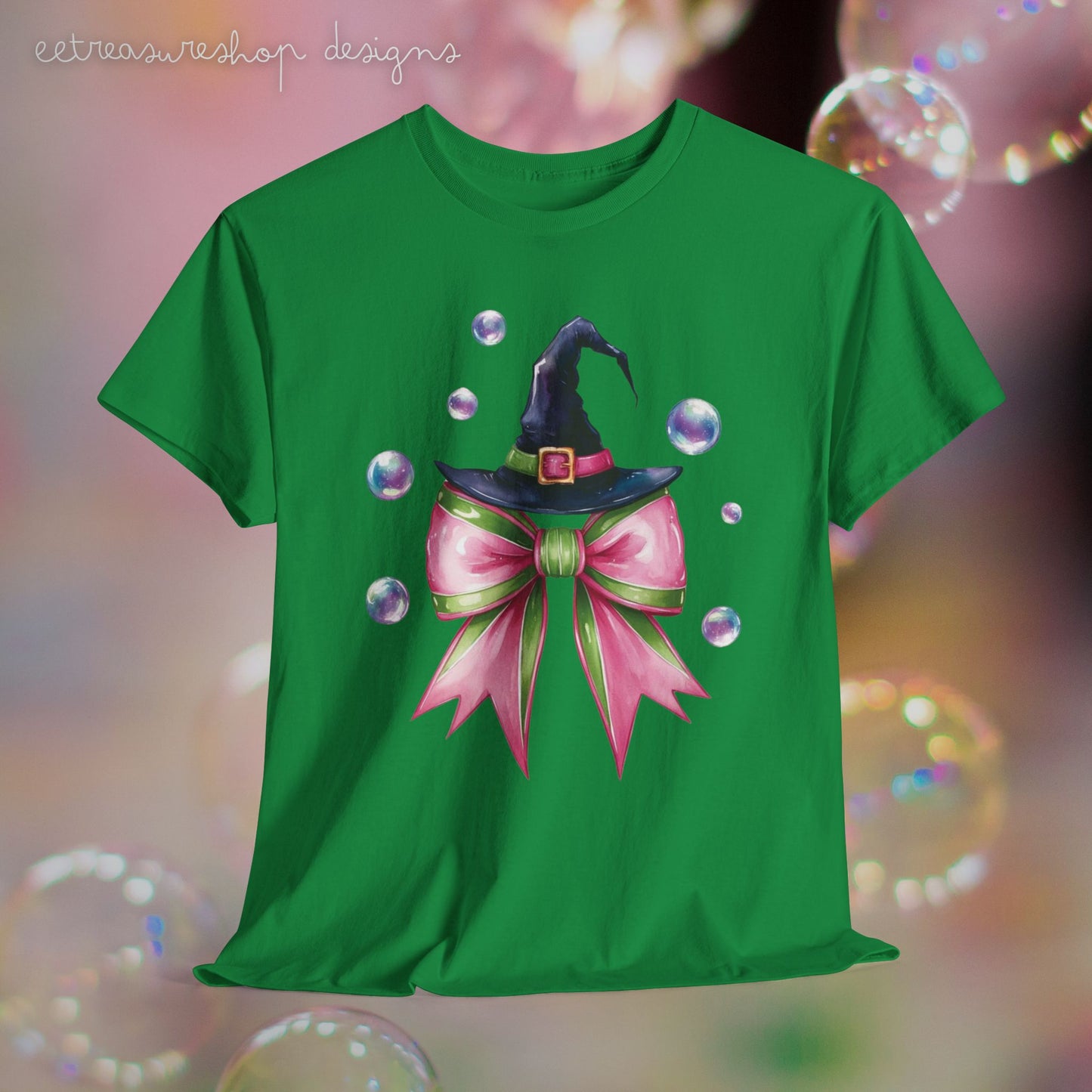 Witch Hat Tee, Musical Movie Theme, Pink Green Bow with Bubbles, Unisex T-Shirt, Halloween Gift, Magic Fan Shirt, Movie Lover Gift