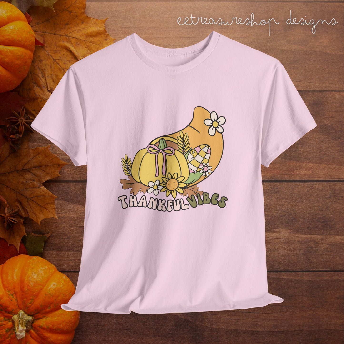 Thankful Vibes Unisex Heavy Cotton Tee, Pumpkin Bow Autumn Tshirt, Cute Thanksgiving Shirt, Fall Graphic Top, Grateful Tee, Harvest Festival