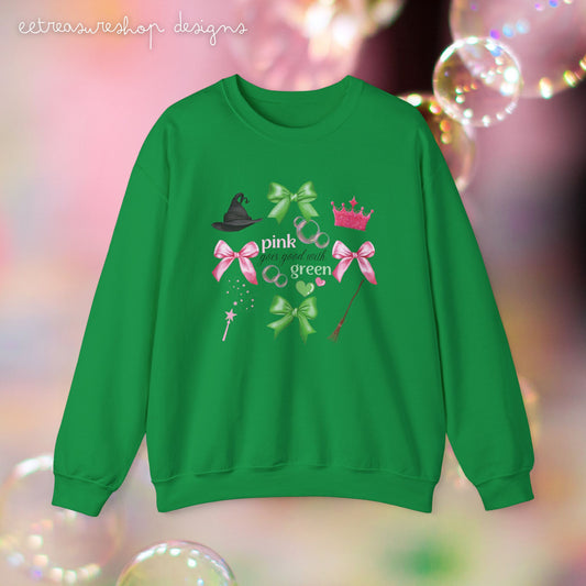 Witchy Crewneck Sweatshirt, Princess Movie Lover Gift, Pink and Green Bows, Musical Theme, Bubbles, Witch Hat