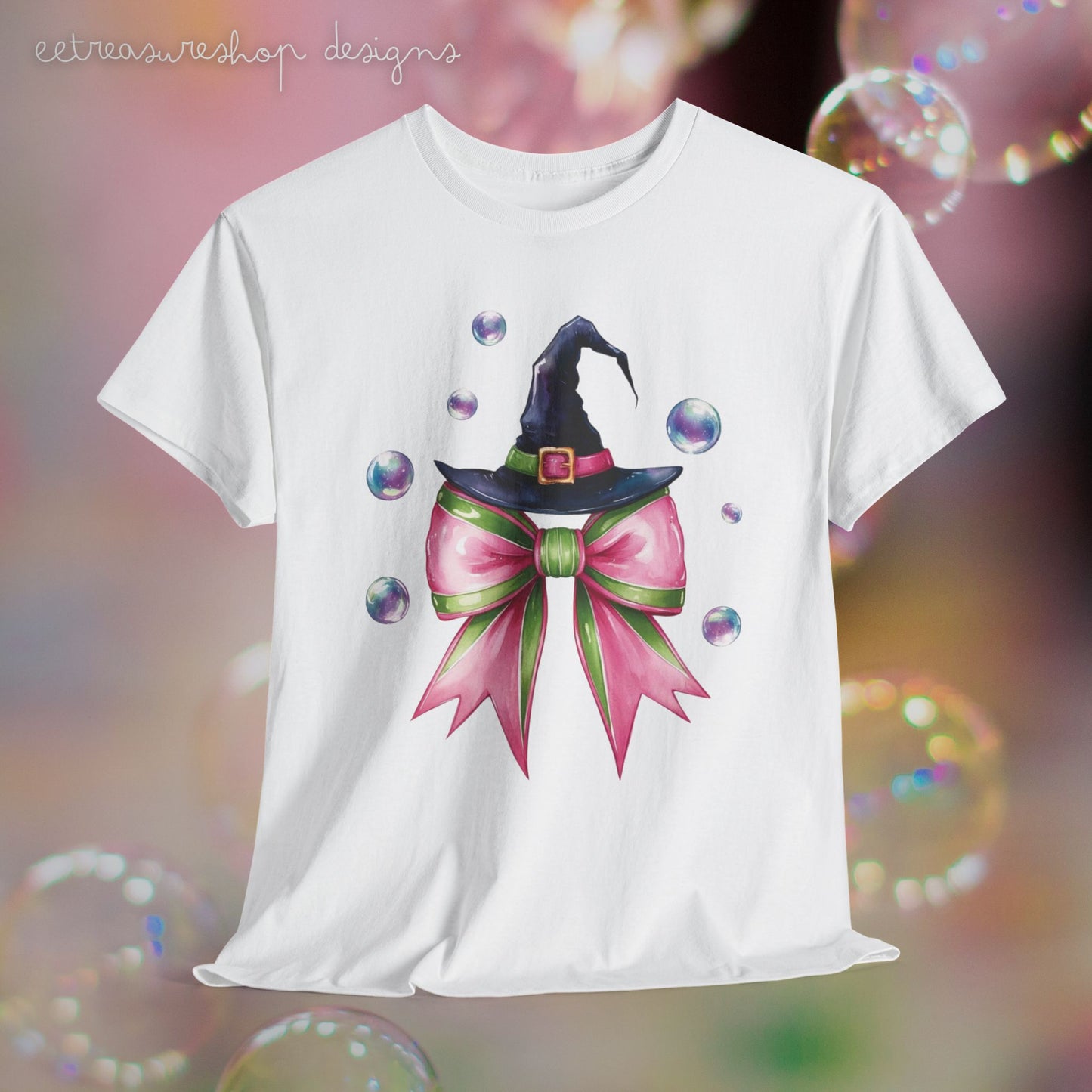 Witch Hat Tee, Musical Movie Theme, Pink Green Bow with Bubbles, Unisex T-Shirt, Halloween Gift, Magic Fan Shirt, Movie Lover Gift