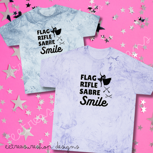 Color Blast T-Shirt, Flag Rifle Sabre Smile, Color Guard Gift, Unisex Graphic Tee, Colorful Marching Band Shirt, Rainbow Collage Top