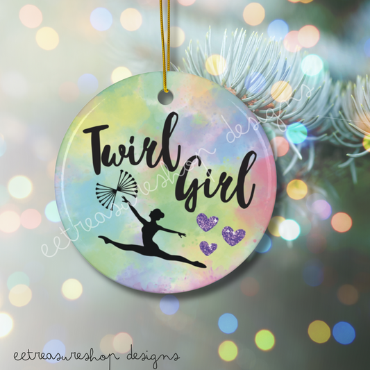 Twirl Girl Ceramic Ornament, Circle Baton Twirler Christmas Ornament, Twirler Gift, Christmas Tree Decoration, Holiday Ornament