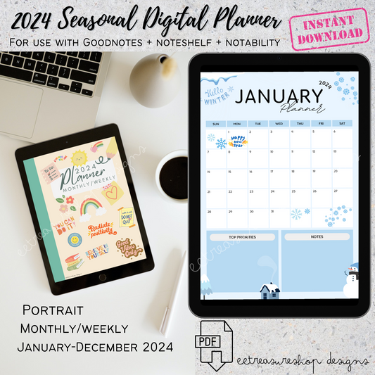 2024 Seasonal Digital Planner PDF for GoodNotes, Notability, iPad Tablet Monthly Weekly Planner, Digital Calendar Holiday Themed