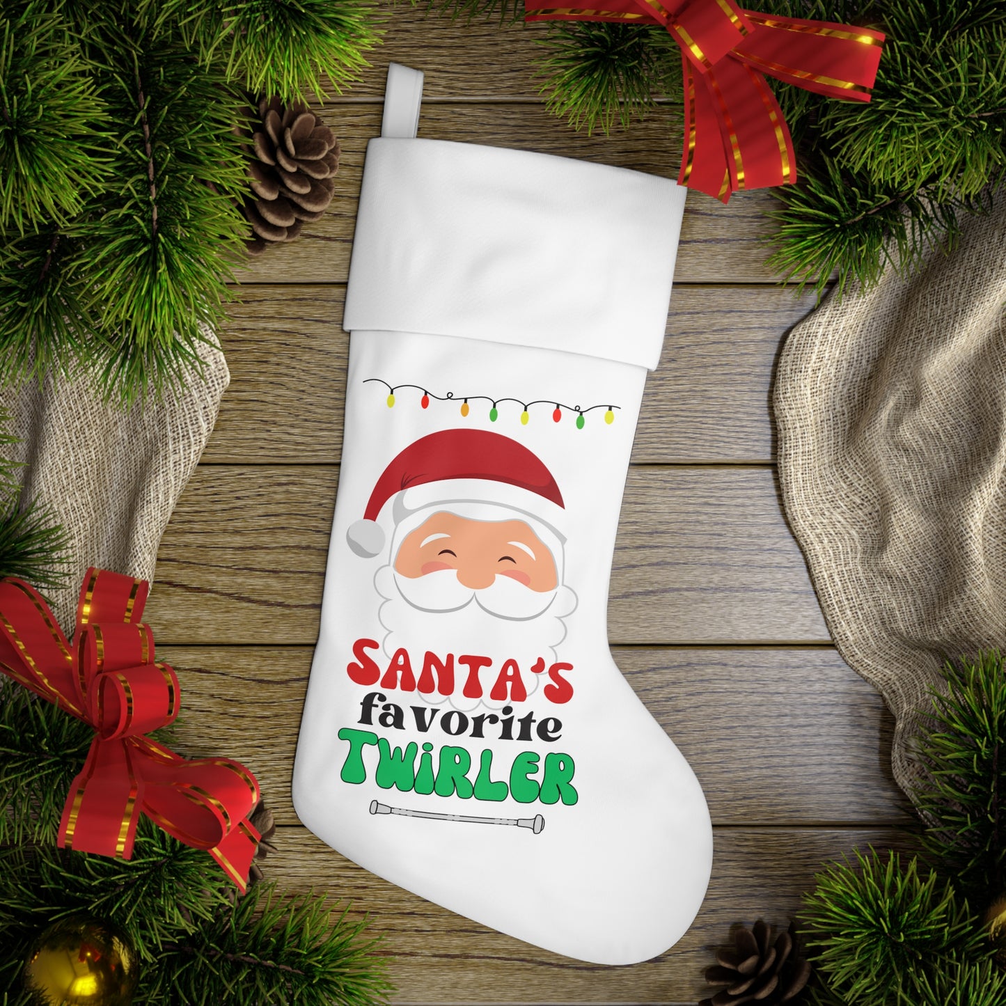 Santa's Favorite Twirler Holiday Stocking, Baton Twirler, Majorette Christmas Stocking, Twirler Christmas Gift