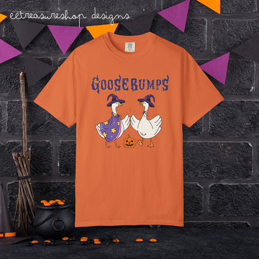 Goosebumps Geese Halloween Tee | Goose Duo Witch Hats Pumpkin Comfort Colors