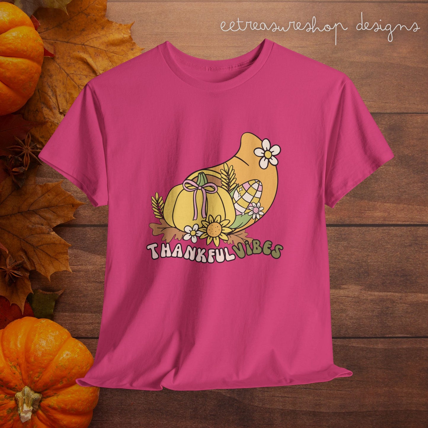 Thankful Vibes Unisex Heavy Cotton Tee, Pumpkin Bow Autumn Tshirt, Cute Thanksgiving Shirt, Fall Graphic Top, Grateful Tee, Harvest Festival