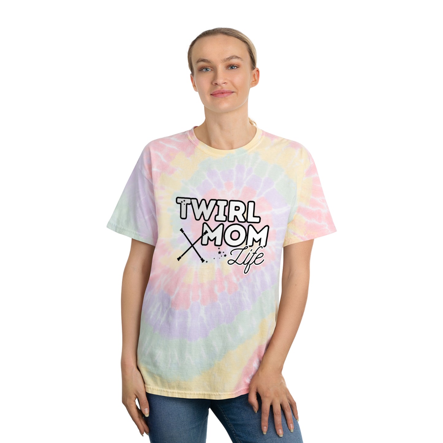 Twirl Mom Life Rainbow Spiral Tie-Dye Tee, Birthday Gift for Baton Twirler Mom Friend
