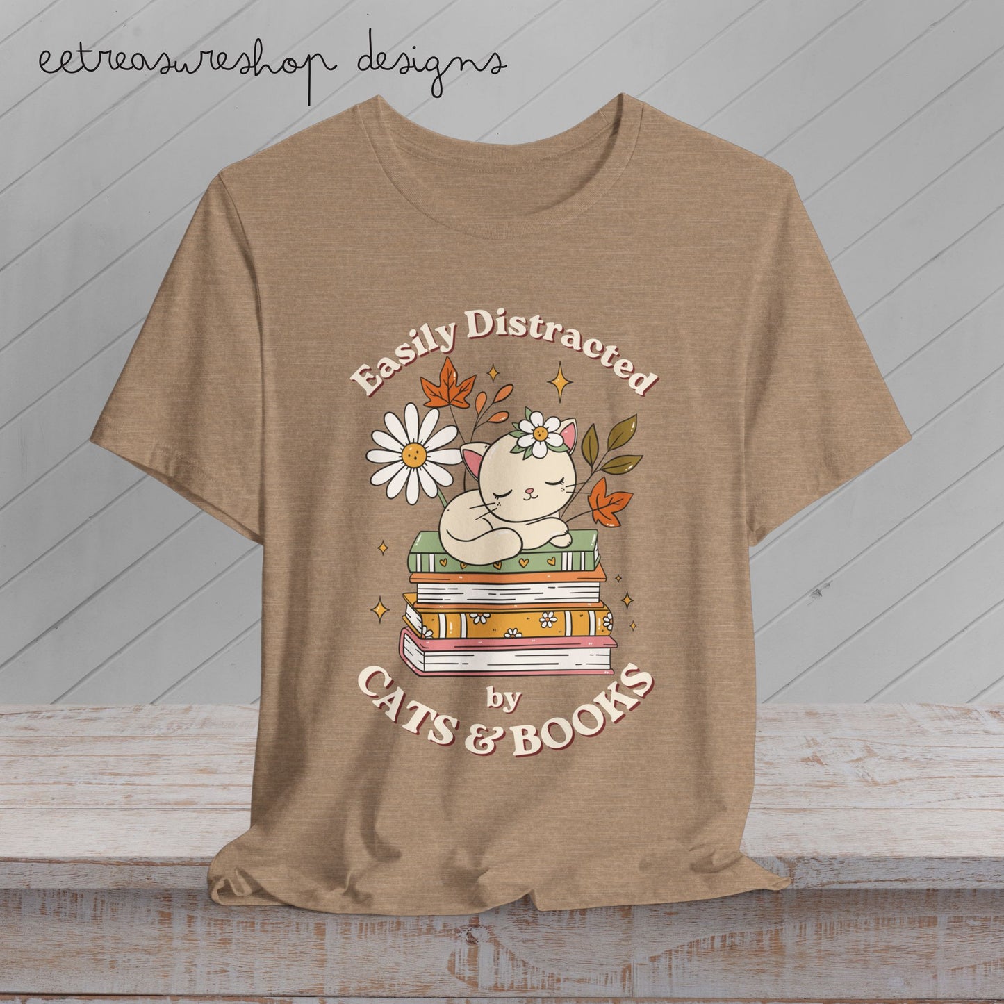 Easily Distracted by Cats & Books Fall T-Shirt | Cute Cat Book Lover Tee