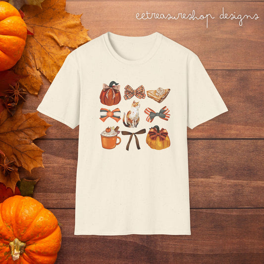 Cat Thanksgiving T-Shirt, Autumn Bows Tee, Fall Holiday Shirt, Cute Kitten Top, Softstyle Tee for Friendsgiving