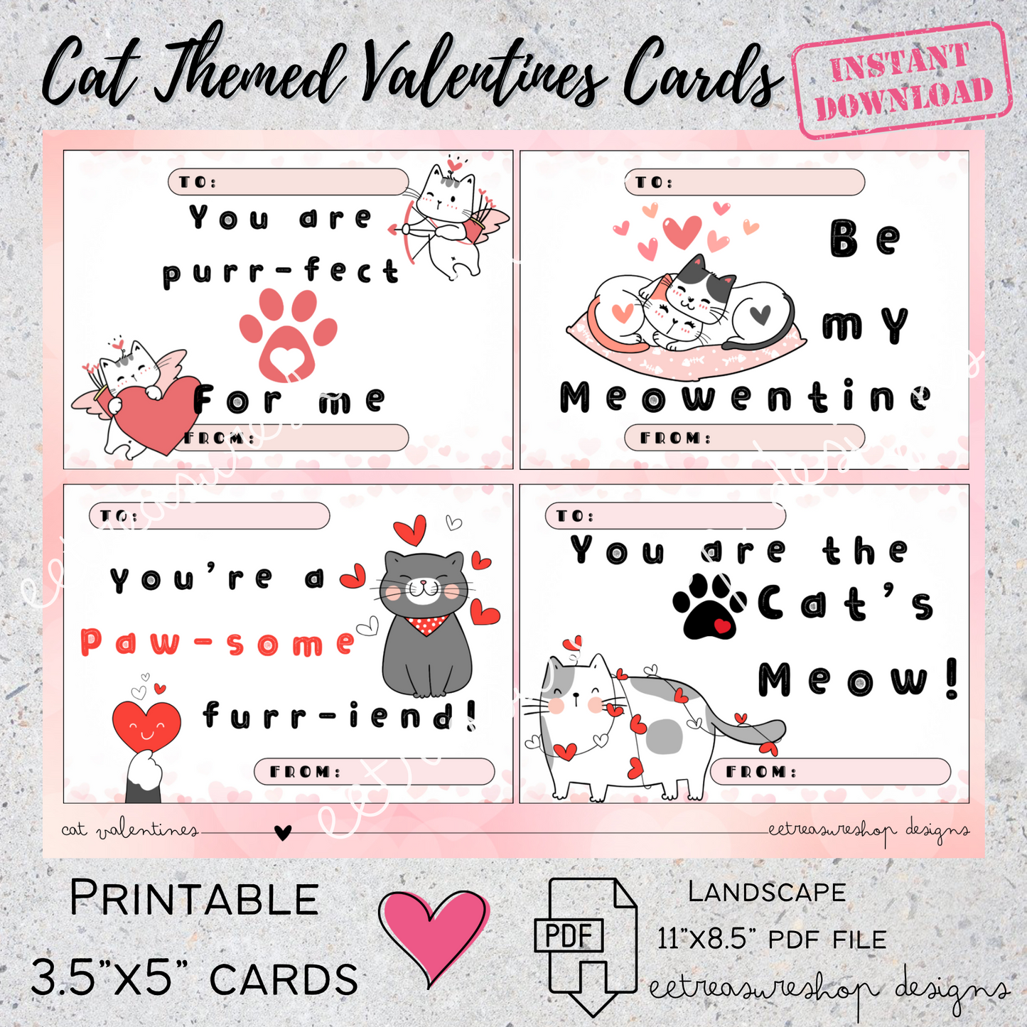Valentines Day Printable, Cat Themed Valentine Kids Cards, PDF Digital Download, Printable Valentine for Kids