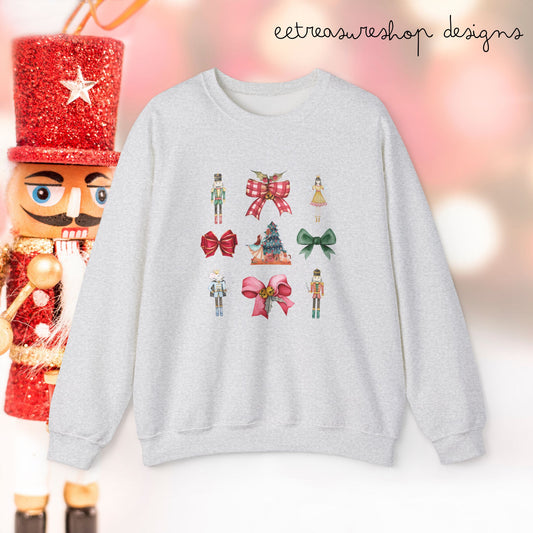 Nutcracker Christmas Bows Sweatshirt, Holiday Crewneck, Festive Xmas Pullover, Winter Sweater Top, Seasonal Clothing