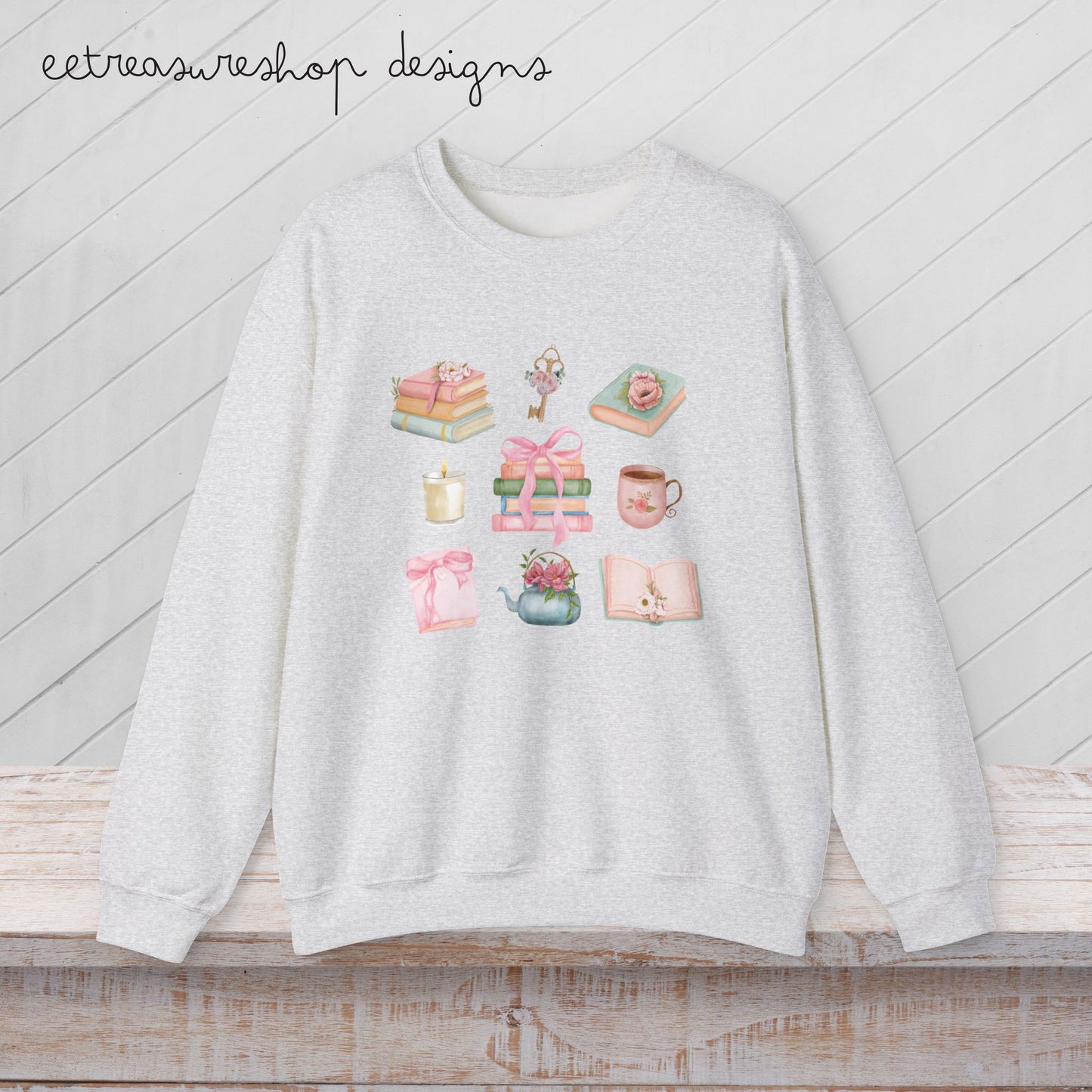 Cozy Pastel Books Floral Bow Icons Sweatshirt | Booklover Crewneck