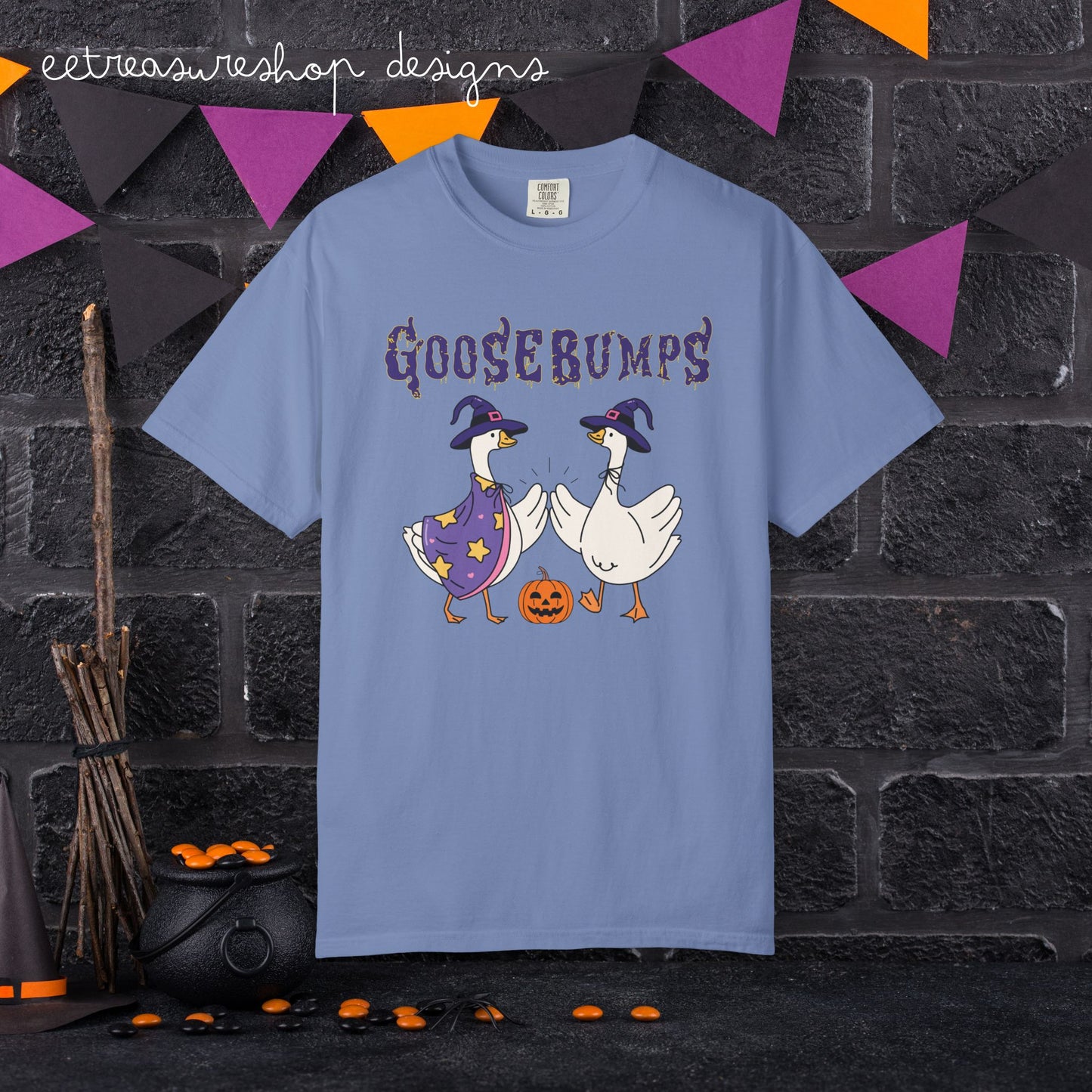 Goosebumps Geese Halloween Tee | Goose Duo Witch Hats Pumpkin Comfort Colors