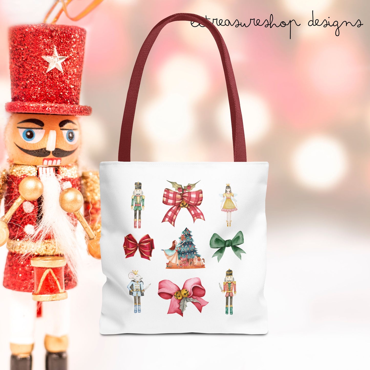 Nutcracker Christmas Bows Tote Bag, Holiday Shopping Bag, Festive Carryall, Xmas Gift Tote, Ballet Lover Gift, Festive Tote Bag