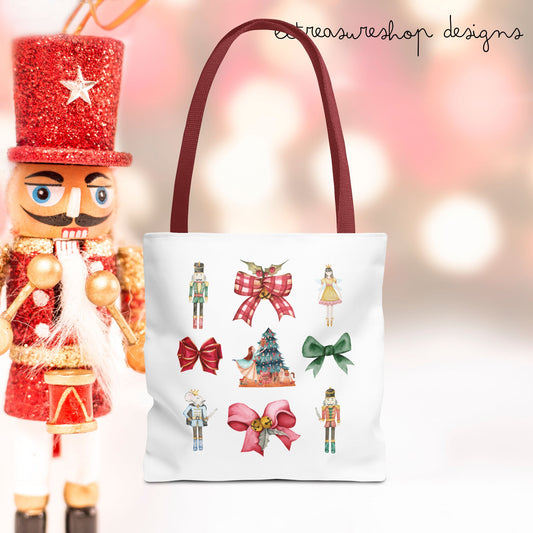 Nutcracker Christmas Bows Tote Bag, Holiday Shopping Bag, Festive Carryall, Xmas Gift Tote, Ballet Lover Gift, Festive Tote Bag