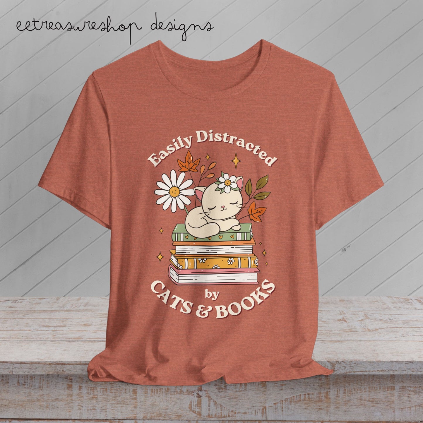 Easily Distracted by Cats & Books Fall T-Shirt | Cute Cat Book Lover Tee
