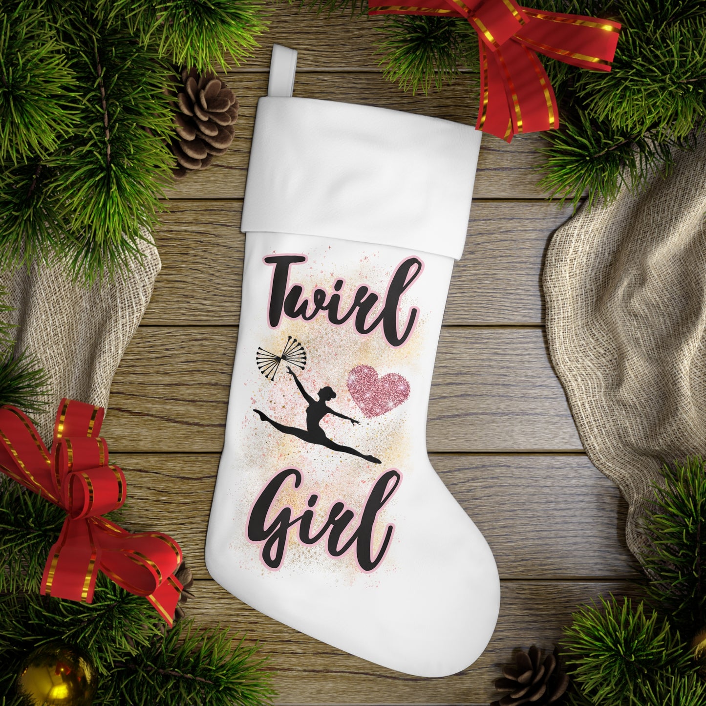 Twirl Girl Holiday Stocking, Baton Twirler, Majorette Christmas Stocking, Twirler Christmas Gift