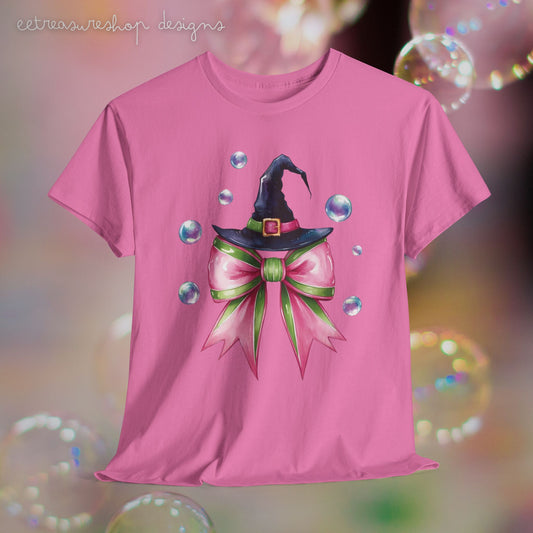 Witch Hat Tee, Musical Movie Theme, Pink Green Bow with Bubbles, Unisex T-Shirt, Halloween Gift, Magic Fan Shirt, Movie Lover Gift