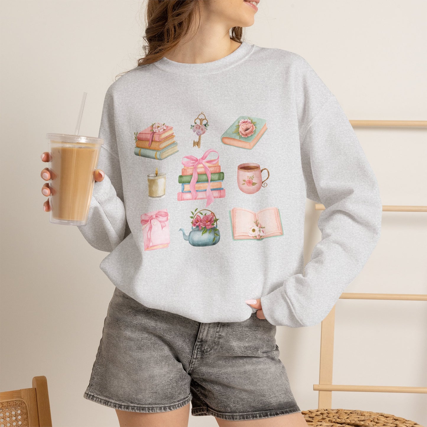Cozy Pastel Books Floral Bow Icons Sweatshirt | Booklover Crewneck