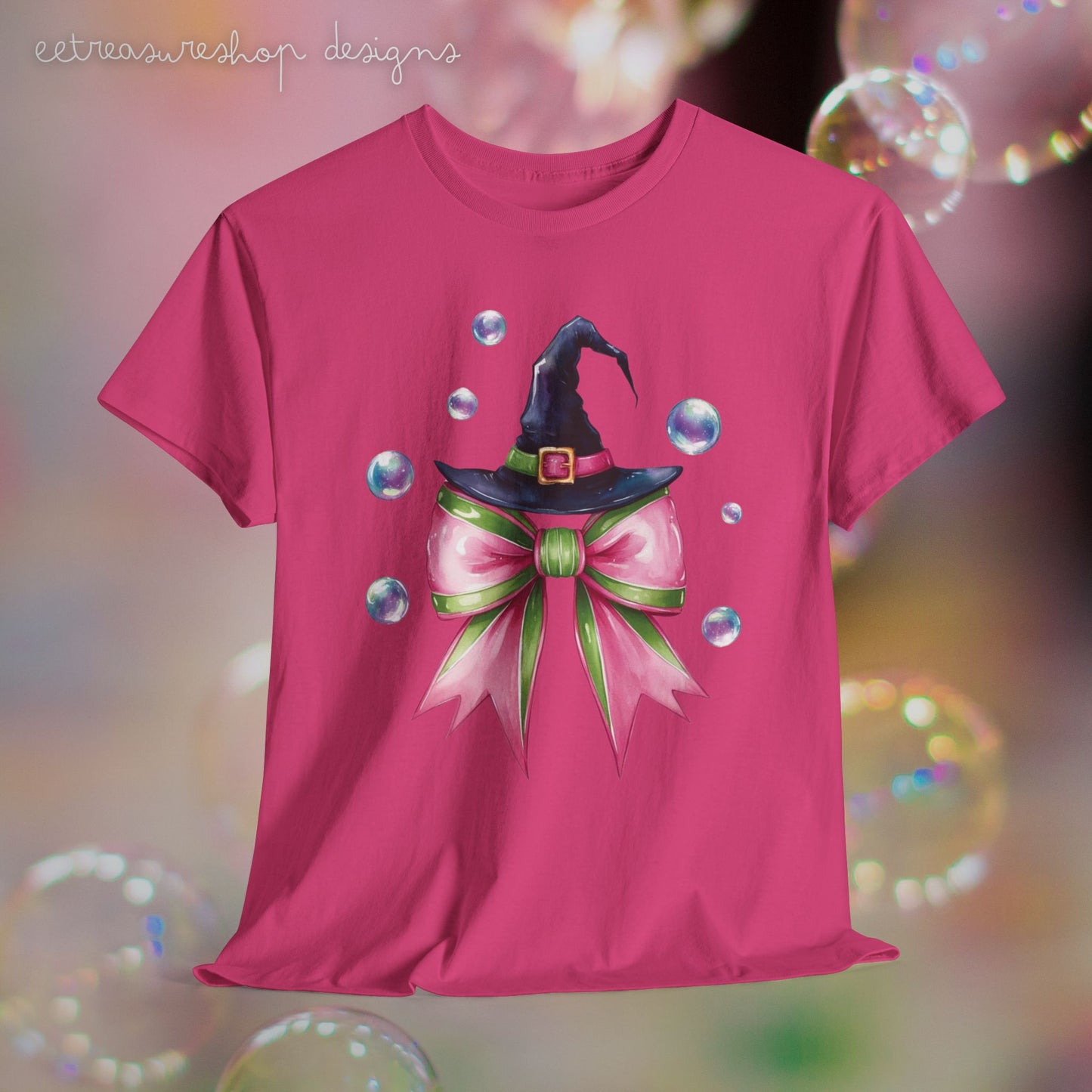 Witch Hat Tee, Musical Movie Theme, Pink Green Bow with Bubbles, Unisex T-Shirt, Halloween Gift, Magic Fan Shirt, Movie Lover Gift