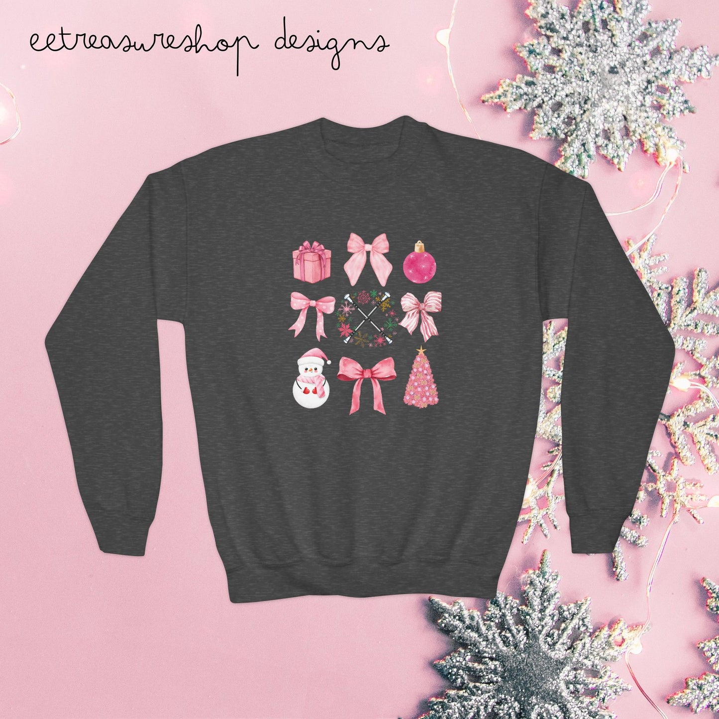 Baton Twirler Christmas Sweatshirt, Pink Bows Design, Holiday Gift for Youth - Girls, Crewneck Jumper, Holiday Clothing, Festive Top