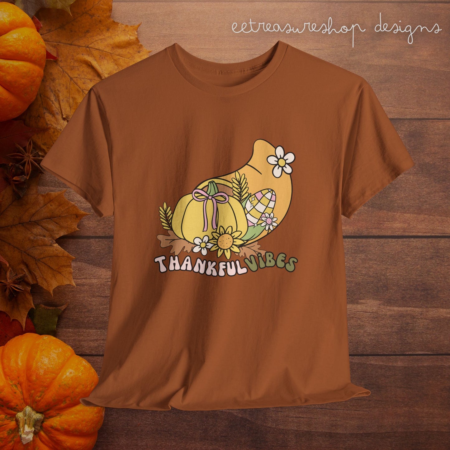 Thankful Vibes Unisex Heavy Cotton Tee, Pumpkin Bow Autumn Tshirt, Cute Thanksgiving Shirt, Fall Graphic Top, Grateful Tee, Harvest Festival