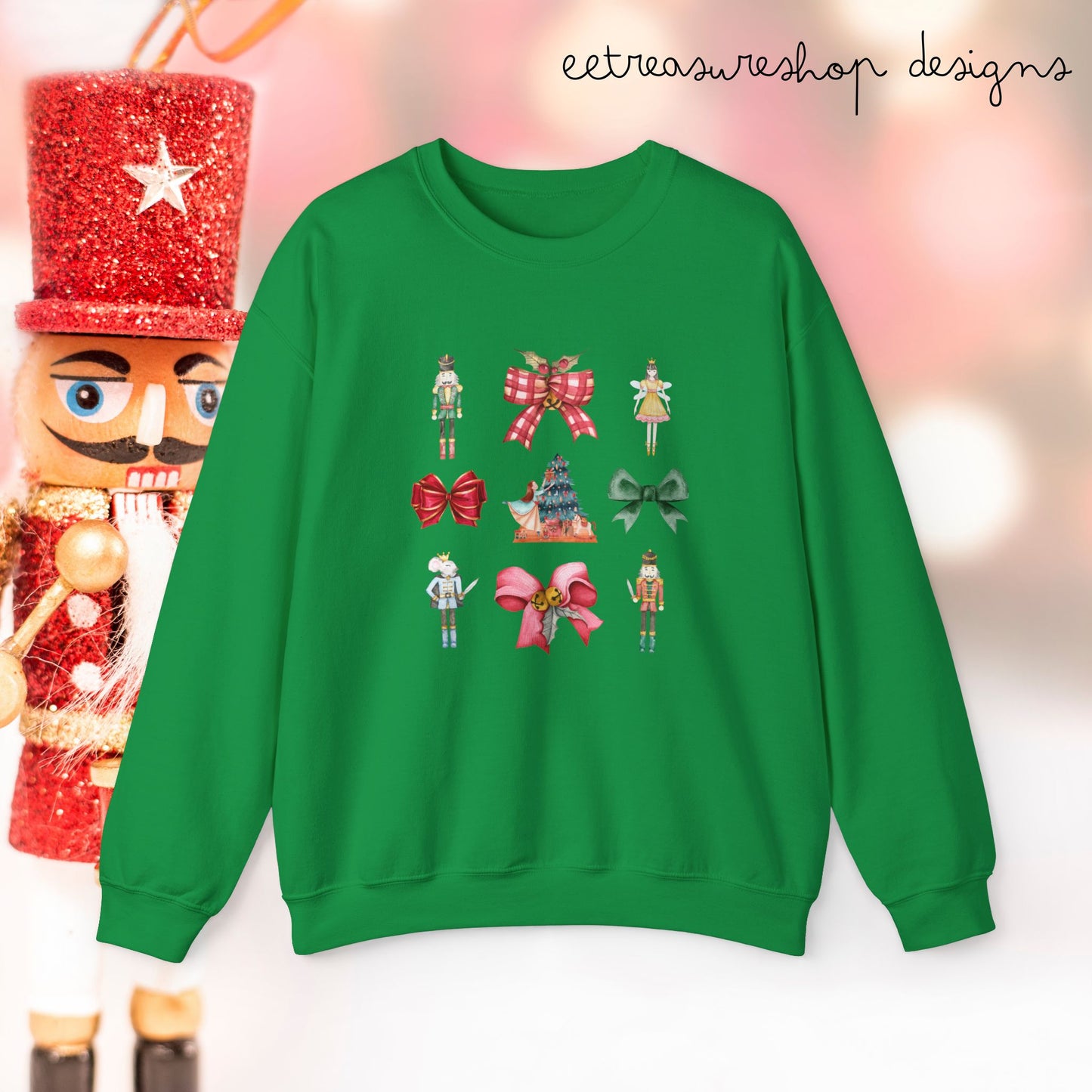 Nutcracker Christmas Bows Sweatshirt, Holiday Crewneck, Festive Xmas Pullover, Winter Sweater Top, Seasonal Clothing