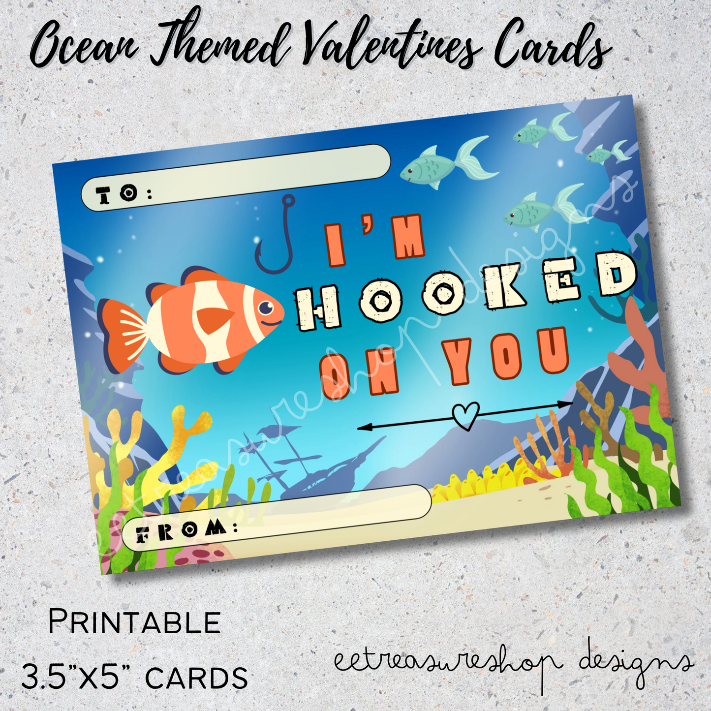 Valentines Day Printable, Ocean Themed Valentine Kids Cards, Fish, Shark, Mermaid, Whale, PDF Digital Download, Printable Valentine for Kids