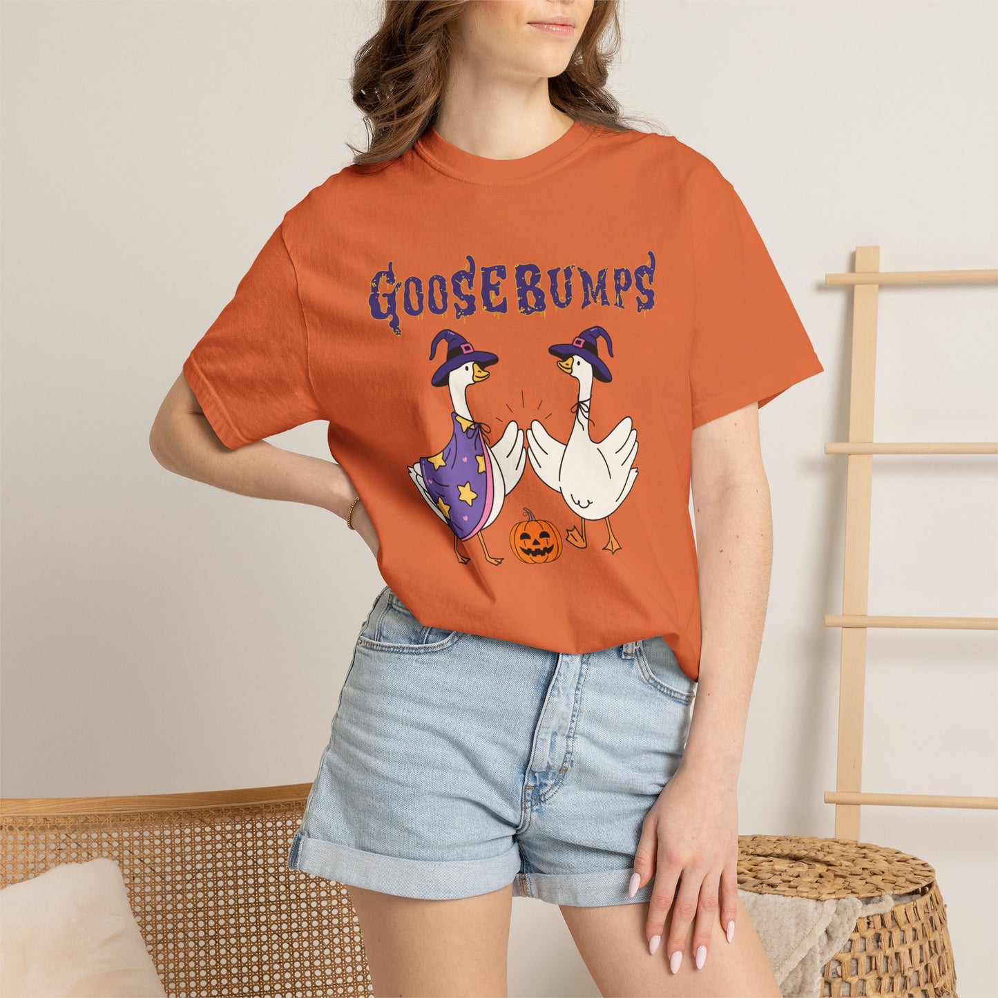 Goosebumps Geese Halloween Tee | Goose Duo Witch Hats Pumpkin Comfort Colors