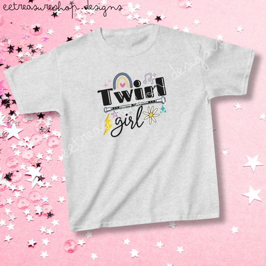 Twirl Girl Baton Twirler Preppy Kids Heavy Cotton Tee, Competition Gift for Twirler Daughter, Recital Gift for Twirler Student
