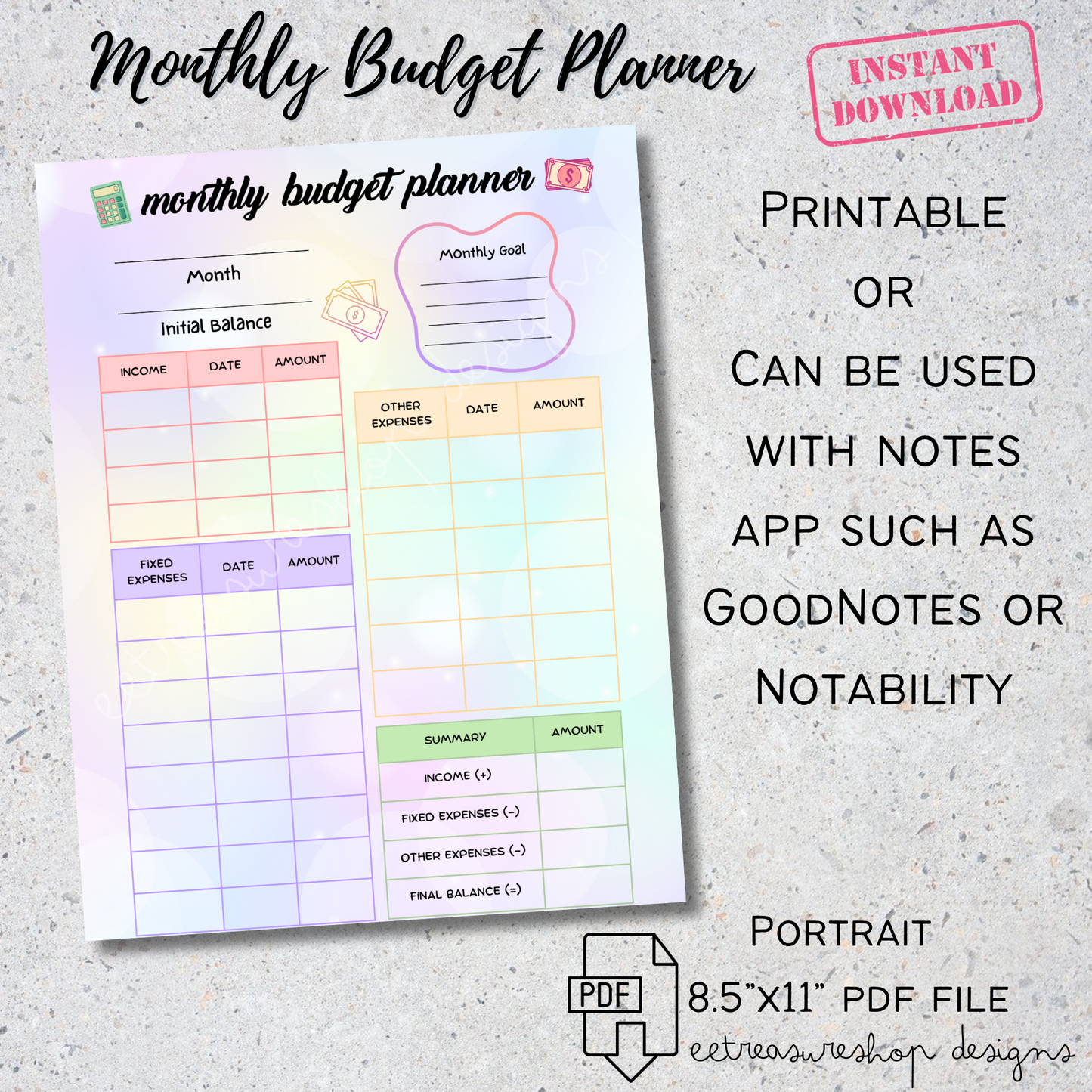 Monthly Budget Planner Printable PDF, Budget Planner Digital Download, GoodNotes Budget Planner, iPad Budget Planner