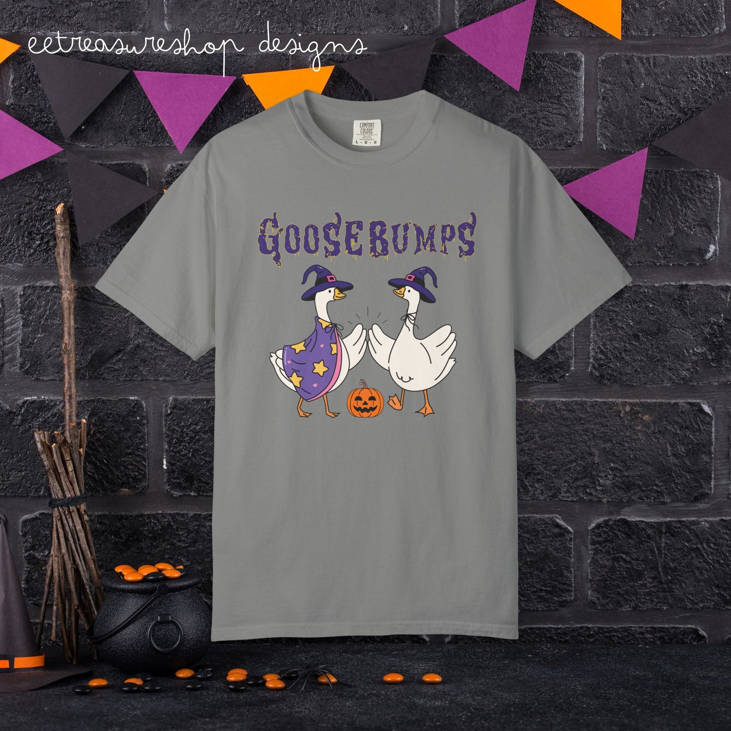 Goosebumps Geese Halloween Tee | Goose Duo Witch Hats Pumpkin Comfort Colors