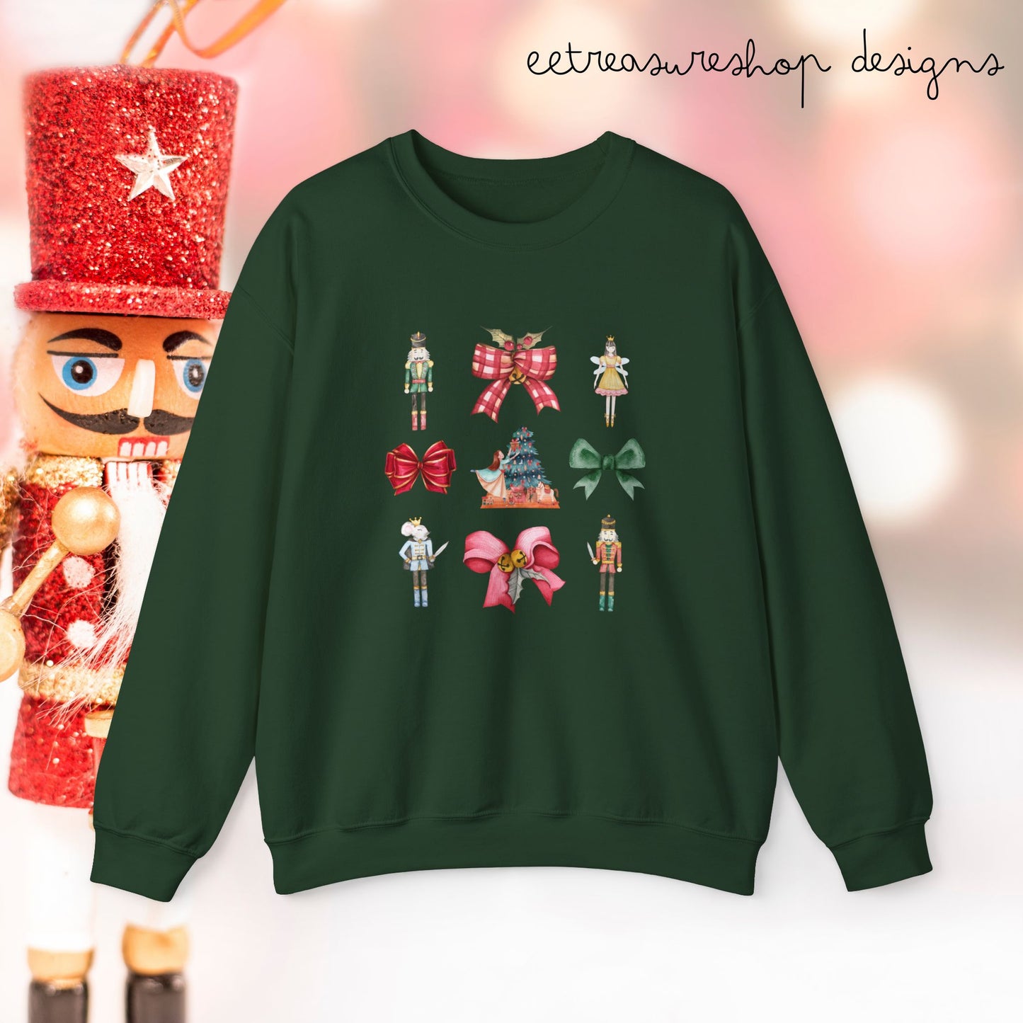 Nutcracker Christmas Bows Sweatshirt, Holiday Crewneck, Festive Xmas Pullover, Winter Sweater Top, Seasonal Clothing