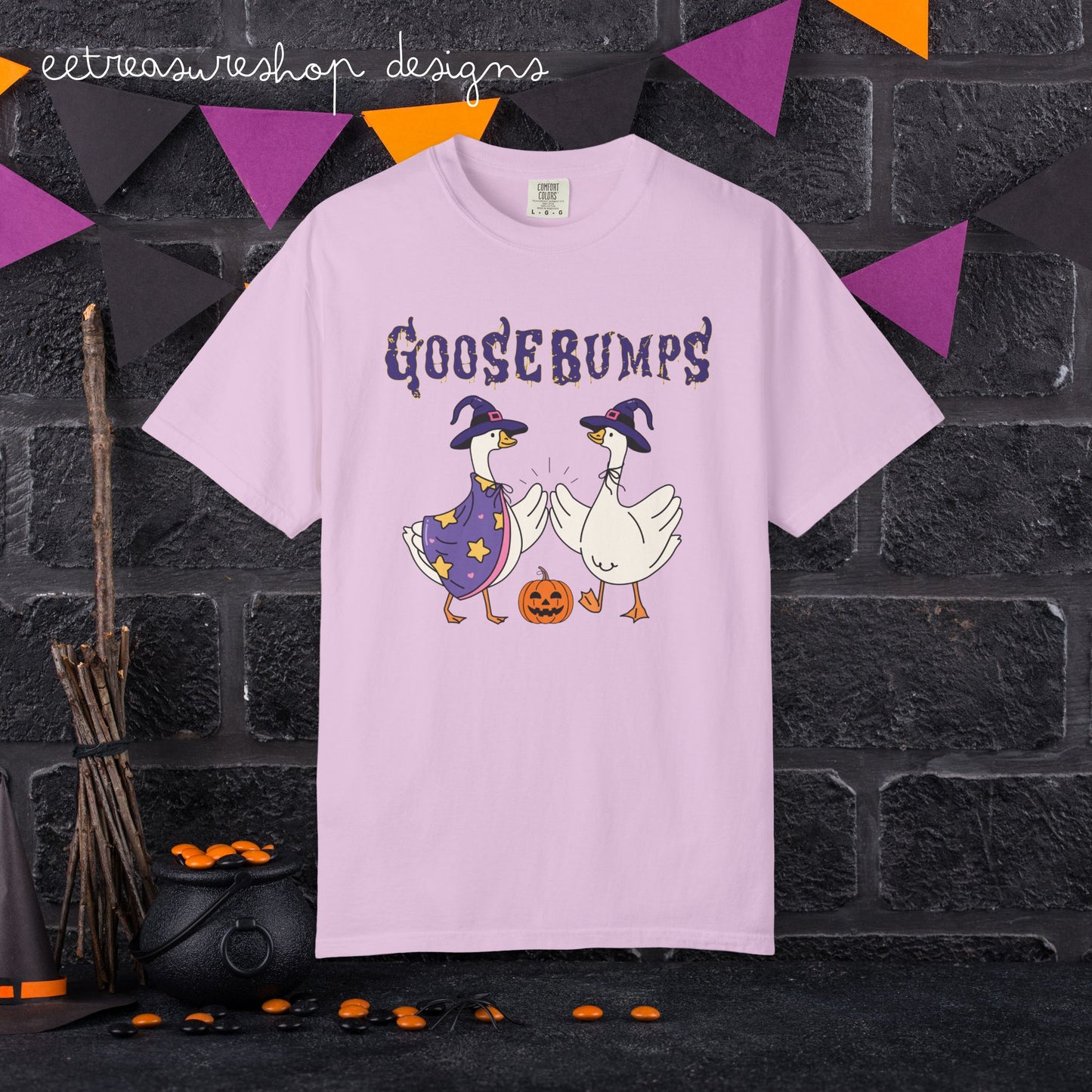 Goosebumps Geese Halloween Tee | Goose Duo Witch Hats Pumpkin Comfort Colors