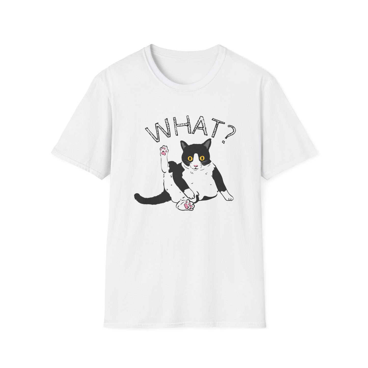 What Funny Tuxedo Cat Unisex Softstyle Gildan T-Shirt, Funny Cat Lover Tee, Birthday Gift for Cat Mom, Funny Gift for Cat Lover