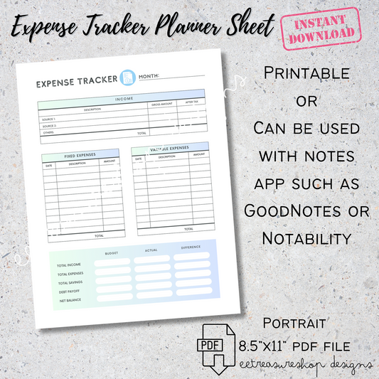 Expense Tracker Sheet Printable PDF, Budget Planner Digital Download, GoodNotes Budget Sheet, iPad Budget Planner