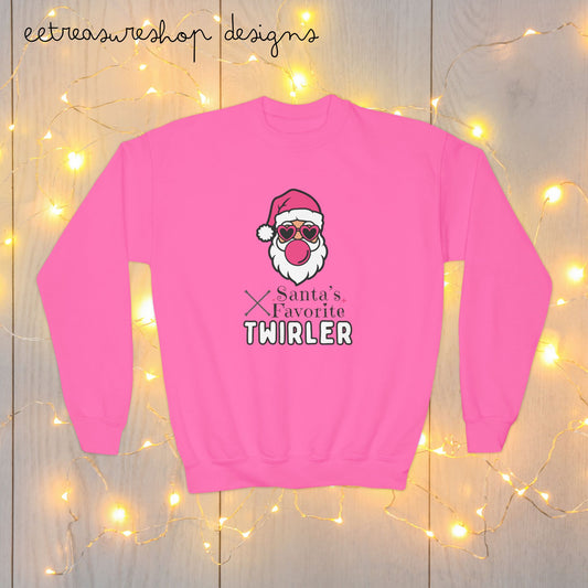 Santa's Favorite Twirler Youth Crewneck Sweatshirt, Christmas Gift for Baton Twirler Daughter, Cute Gift for Twirl Friend